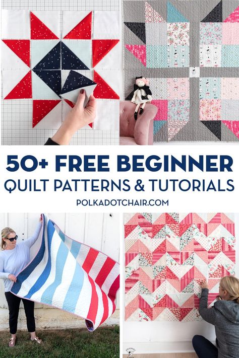 50+ Easy Beginner Quilt Patterns & Free Tutorials | Polka Dot Chair Simple Quilt Patterns, Easy Quilt Patterns Free, Patchwork Quilts For Beginners, Easy Beginner Quilt, Free Quilt Patterns Printables, Beginner Quilt Patterns Free, Twin Quilt Pattern, Beginner Quilting Projects, Free Quilt Tutorials