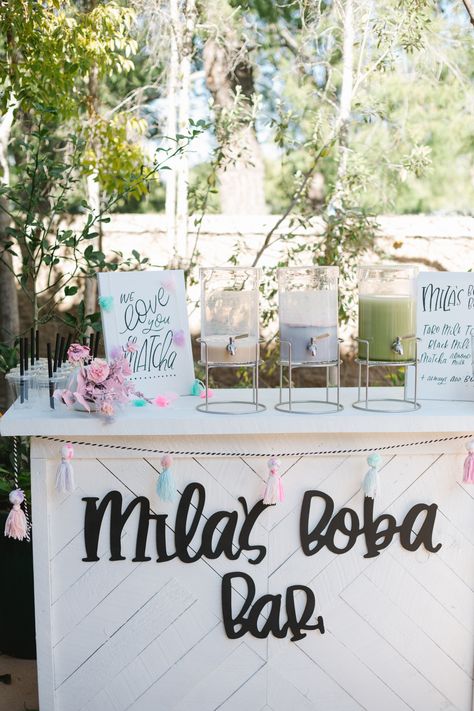 Boba Bar Station, Cute Catch Phrases, Color Puns, Boba Party, Spray Paint Flowers, Boba Bar, Bar Station, Cute Phrases, Balloon Installation