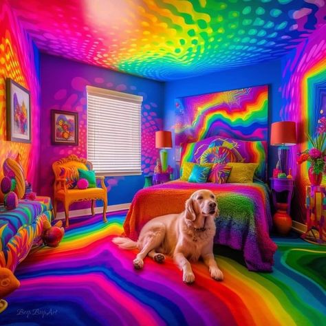 Neon Color Bedroom Ideas, Kidcore House, Rainbow Aesthetic Room, Lisa Frank Aesthetic Room, Lisa Frank Room, Rainbow Room Aesthetic, Kidcore Bedroom, Rainbow Rooms, Rainbow Furniture