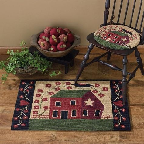 Saltbox House and Flowers Hooked Folk Art Rug Piper Classics, Saltbox Houses, Farmhouse Primitive, Hand Hooked Rugs, Hooked Rug, Park Designs, Primitive Farmhouse, Hooked Rugs, Primitive Home