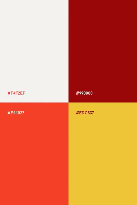 Off white, deep red, orange red, mustard yellow Red Orange Pallete Color, Red Orange Yellow Palette, Red And Yellow Pallete, Red Orange White Color Palette, Red And Yellow Graphic Design, Red And Orange Color Scheme, Red Yellow White Color Palette, Yellow And Red Palette, Red White Palette