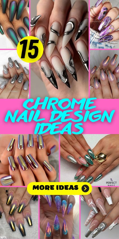 Sleek and Modern: Black Chrome Nails with Edgy Appeal: Achieve a sleek and modern look with black chrome nails that offer edgy and bold appeal. The chrome finish adds a touch of sophistication to the deep black hue, creating a striking contrast. Whether you opt for coffin or square nails, these nails are sure to make a statement. Matte And Chrome Nails, Black And Chrome Nails Designs, Rose Gold Chrome Nails, Chrome Nail Design, Silver Chrome Nails, Black Chrome Nails, Ombre Chrome Nails, Gold Chrome Nails, Chrome Nail Polish