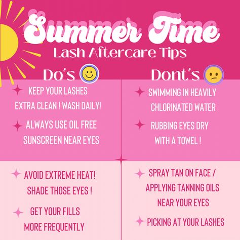 Lash summer tips Summer Lash Tips, Summer Lash Extensions, Lash Extension Promotion Ideas, Summer Lashes, Lash Marketing, Lash Aesthetic, Glam Bar, Lash Appointment, Eyelash Studio