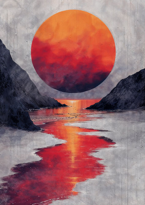 A majestic sunset reflects over a tranquil bay, creating a mirror-like effect that soothes the soul. A timeless piece for lovers of nature. Japanese Sunset Painting, Red Sunset Painting, Simple Sunset Painting, Sunset Digital Painting, Wallpaper Interesting, Landscape Artwork Abstract, Dreamy Paintings, Evening Reflection, Surreal Digital Art