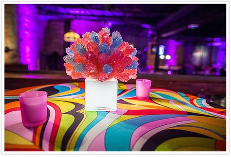 Illuminated Rock candy centerpiece Bat Mitzvah decor by theshowplaceny.com Candy Centerpieces Wedding, Candyland Wedding, Arcade Wedding, Bar Mitzvah Decorations, Bat Mitzvah Centerpieces, Bas Mitzvah, Candy Centerpiece, Non Floral Centerpieces, Wonka Party