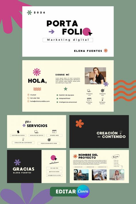 Plantilla 100% editable en Canva. Diseño de portafolio digital para mercadóloga, marketing, moderno. Promociona tus servicios y da a conocer tu trabajo con esta increíble plantilla. Más de 100 plantillas en el link de mi perfil. Clik para editar 👇 Business Post Design, Digital Marketing Portfolio, Portfolio Marketing, Branding Mood Board Inspiration, Free Canva Templates, Digital Portfolio Template, Canva Marketing, Marketing Portfolio, Graphic Design Cv