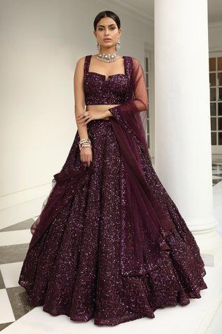 Buy Shyam Narayan Prasad Yellow Silk Embroidered Lehenga Set Online | Aza Fashions Wine Colour Designer Saree, Grape Wine Color Lehenga, Purple Reception Lehenga, Sequence Lehanga Design, Lehenga Pattern Design, Sequence Lehenga Designs, Blouse And Lehenga Designs, Designer Choli For Wedding, Wine Colour Lehenga Color Combos