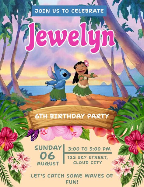 Lilo and Stitch Luau Birthday Party Invitations, Luau Party Invitations, Birthday Party Invitations Free, Luau Invitations, Stitch Birthday, Luau Birthday Party, Hawaiian Birthday Party, Hawaiian Birthday, Bday Invitations