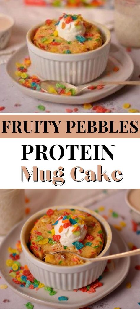 Mug cakes are all the rage, and this Fruity Pebbles Protein Mug Cake is low carb, high protein, and ready in minutes! Fruity Cereal Protein Powder Recipes, Protein Fruity Pebbles, Fruity Pebble Protein Shake, Fruity Pebbles Protein Balls, High Protein Peach Cobbler, Fruity Pebble Protein Powder Recipes, Fruity Pebbles Protein Powder Recipes, Fruity Pebbles Protein Shake, High Protein Healthy Desserts