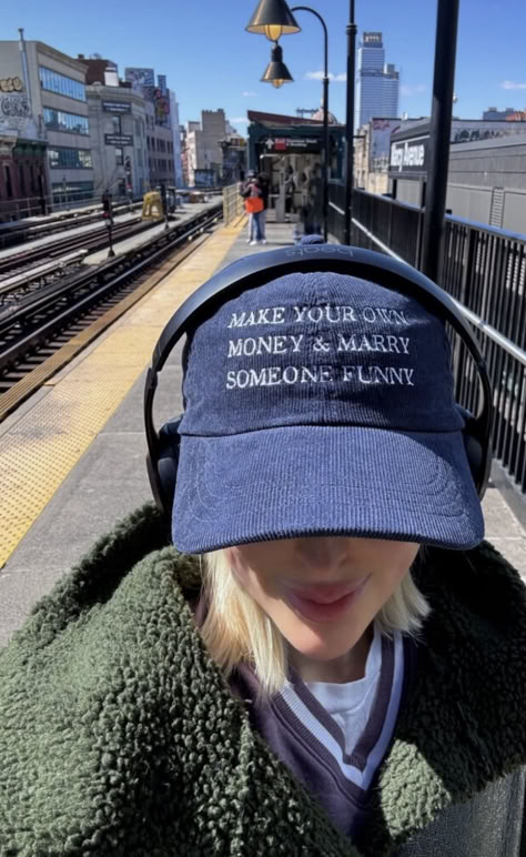 Navy Blue Corduroy Hat with House Rules "Make your own money & marry someone funny" embroidered in white. 5 stars on the back for good luck and protection. THE OG- DRUKCOTTON Make Your Own Money And Marry Funny, Vaca Pics, Cap Aesthetic, Caps Ideas, Bigger Buttocks Workout Exercises, Trendy Hats, Closet Basics, Trendy Caps, Closet Cleanout