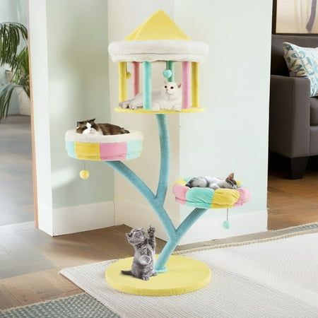 Pefilos cat cat tree is not only a climbing device, but also a comfortable sleeping platform, entertainment and play area, cozy cat condo and scratching posts. Meet the various needs of cats! Has an open cat condo that is perfect for resting and observing. Curved scratching posts to encourage healthy nail maintenance are ideal for cats to scratch and stretch, helps the health of your cat's nails and keeping them away from your valuable curtains and furniture! Consists of hidden metal tubes that Nail Maintenance, Cat Bedroom, Cat Castle, Cat Patio, Cat Tree House, Modern Cat Tree, Cozy Cat, Activity Center, Indoor Cats