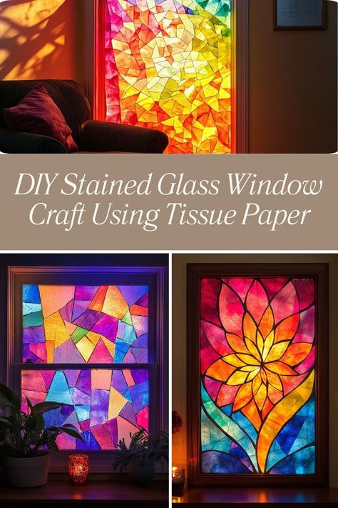 Create a colorful stained glass effect with tissue paper for a fun and easy DIY window craft. #DIYCrafts #StainedGlassArt #ColorfulDecor Stained Glass Window Craft, Diy Stained Glass Window, Diy Staining, Window Crafts, Stained Glass Effect, Glass Effect, Stained Glass Christmas, Stained Glass Diy, Stained Glass Crafts