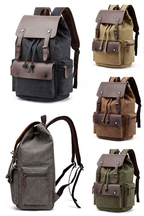 Leisure Double Buckle Leather Thick Canvas Large Travel Bag School Backpacks High School Backpack, Canvas Backpacks, Stylish School Bags, Retro Backpack, Large Travel Bag, Canvas Leather Bag, Travel Rucksack, Leather Rucksack, Tactical Bag