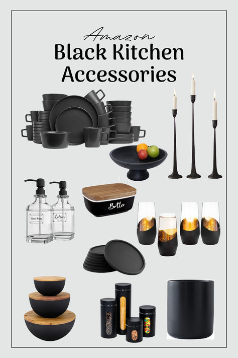 Elevate your kitchen style with our stunning collection of sleek and chic black kitchen accessories. These modern and sophisticated pieces are designed to bring both function and fashion to your culinary space. Discover the beauty of a black-themed kitchen and transform your culinary experience. #kitchenaccessories #blackkitchendecor #kitchenstyle #homedecor #modernslyle Matte Black Kitchen Accessories, Black And Gold Kitchen Ideas, Gold Kitchen Ideas, Wood Kitchen Accessories, Black Kitchen Accessories, Black And Gold Kitchen, Black Kitchen Decor, Matte Black Kitchen, Dining Inspiration