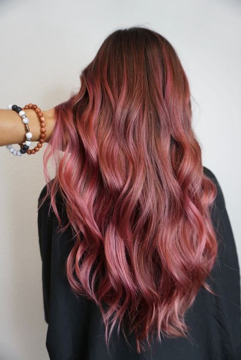 Magenta Hair Highlights, Brown Hair Indian Skin, Brown To Pink Balayage, Mahogany Brown Hair, Peekaboo Hair Colors, Mahogany Hair, Pink Ombre Hair, Magenta Hair, Gold Hair Colors