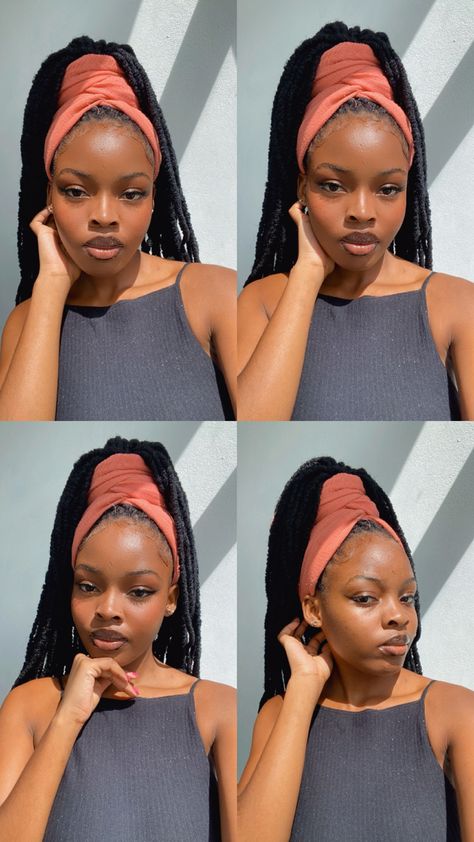 Braid Head Wrap Styles, How To Wear A Scarf With Braids, Head Scarf With Locs, Head Wrap Locs Styles, Doek Styles On Braids, Locs With Head Wrap, Head Wrap Styles For Locs, Head Wrap Styles With Braids, Head Scarf Styles Black Women