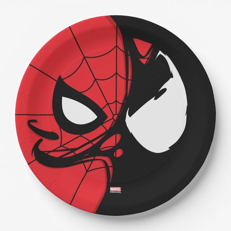 The Spider-Man logo is half engulfed by Venom, creating a split icon of the two characters. Spiderman Classic, Spider Man Logo, Clay Cafe, Spiderman Venom, Spiderman Gifts, Spiderman Theme, Diy Pottery Painting, Clay Plates, Pin Ideas