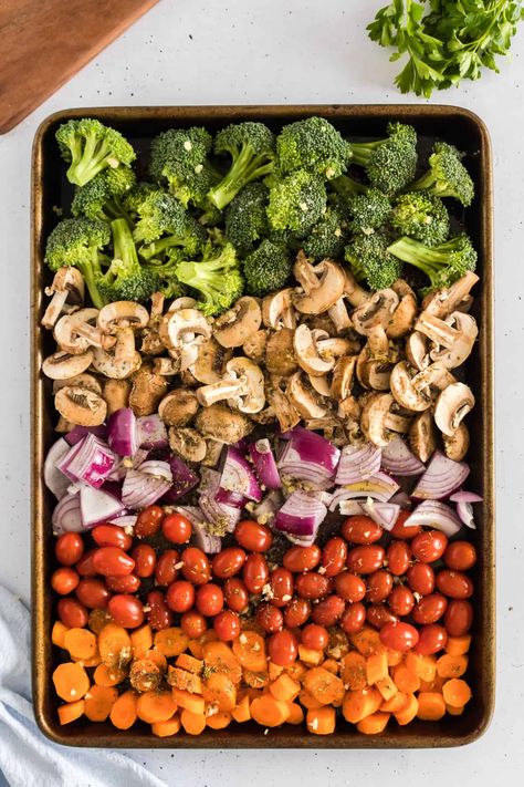 Our sheet pan roasted vegetables are super yummy and easy to put together! From oven to table in less than 30 minutes. If you love roasted vegetables this is a great way to get your daily dose of nutritious veggies that is always guaranteed to be a Whole Lotta Yum! Sheet Pan Roasted Vegetables, Pan Roasted Vegetables, Whole Lotta Yum, Roasted Veggies In Oven, Roasted Vegetables Oven, Sheet Pan Dinners Recipes, Baked Veggies, Roasted Vegetable Recipes, Tasty Meat