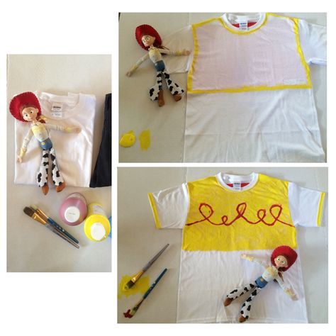 DIY Toy story Jessie shirt -cheap Walmart t-shirt -red and yellow paint -card board to keep the inside of the shirt from sticking. -paintbrushes Jessie Toy Story Shirt Diy, Diy Toy Story Shirt, Disfraz Toy Story, Jessie Toy Story, Toy Story Shirt, Toy Story Birthday Party, Cheap Shirts, Paint Cards, Toy Story Birthday