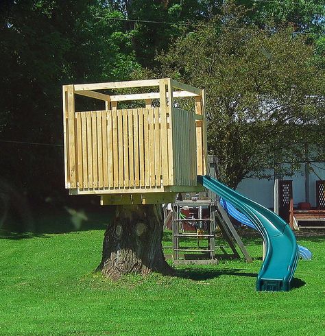 tree stump tree house - Google Search Stump House, Tree Stump Decor, Simple Tree House, Backyard Kids, Tree Fort, Tree House Diy, Patio Steps, House Tree, Tree House Kids