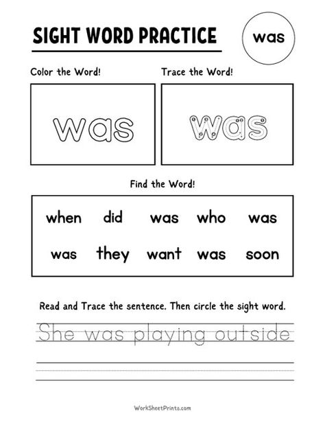 Was - Sight Word Practice | Kindergarten Worksheets Printable Kindergarten Sight Word Worksheets, Sight Word Practice Kindergarten, Sight Word Worksheets Free, Tracing Words, Writing Sight Words, Sight Word Fun, Learning Sight Words, Kindergarten Worksheets Printable, Sight Word Worksheets