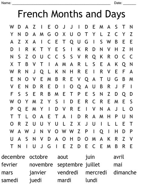 French Months and Days Word Search French Days Of The Week Worksheet, French Months, French Words With Meaning, Easy Word Search, Learn French Beginner, Trip Games, Substitute Teaching, Word Search Games, Free In French