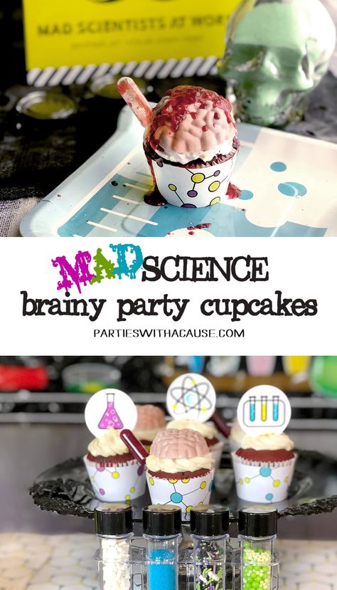 Host a party for your little geniuses with these brainy mad science cupcakes. Find other mad science party ideas, food, and activities for kids at PartiesWithACause.com #madscienceparty #madscienceideas #partycupcakes #braincupcakes #sciencefood Cupcakes With Pipettes, Science Cupcakes, Science Party Printables, Creative Party Food Ideas, Science Party Ideas, Wacky Science, Savory Halloween Food, Party Ideas Food, Science Birthday Party Ideas