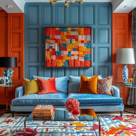 21+ Living Room Wall Panelling Ideas That Are Easy to Love and Live With • 333+ Art Images Orange Eclectic Living Room, Orange Wall Living Room, Living Room Wall Panelling, Wall Panelling Ideas, Panelling Ideas, Modern Eclectic Living Room, Colorful Rooms, Youth Center, Dream Apartment Decor