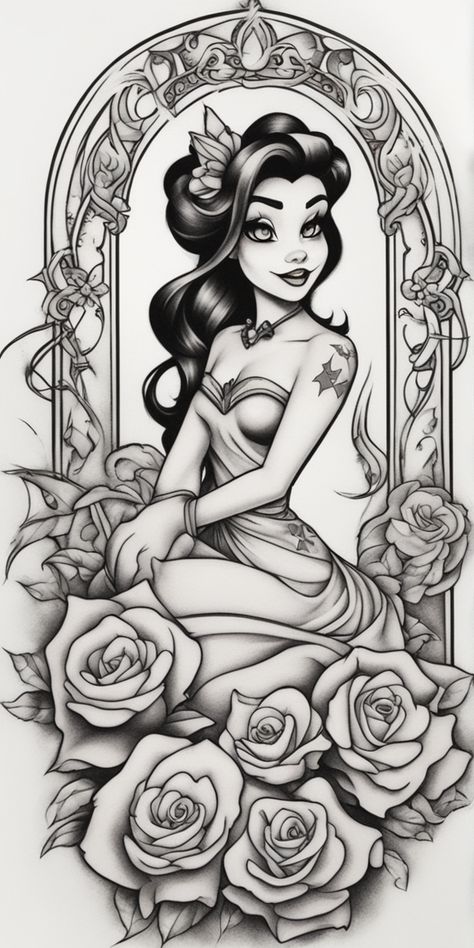 This image portrays a disney-themed tattoo illustrated in neo-traditional style. The design is black and white, featured on a blank canvas, brilliantly showcasing the detailed artwork. Disney Tattoo Inspiration, The Beast Tattoo, Beast Tattoo, Beauty And The Beast Tattoo, Detailed Artwork, Disney Tattoo, Memorial Tattoos, Disney Tattoos, Neo Traditional