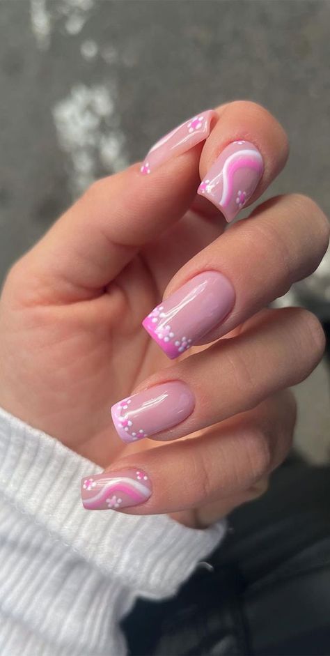 Nail Art Designs Floral, Swirl Gel Nails, Floral Nail Art Designs, Pink And White Nails, Pink Flower Nails, Holiday Acrylic Nails, Ballet Nails, Girly Acrylic, Pink Gel Nails