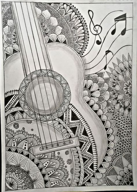 guitar art Guitar Mandala Art Drawing, Mandala Art Of Guitar, Guitar Zentangle Art, Guitar Design Drawing, Mandala Art On Guitar, Cool Guitar Drawings, Guitar Drawing Sketches Pencil, Guitar Mandala Drawing, Mandala Art Music