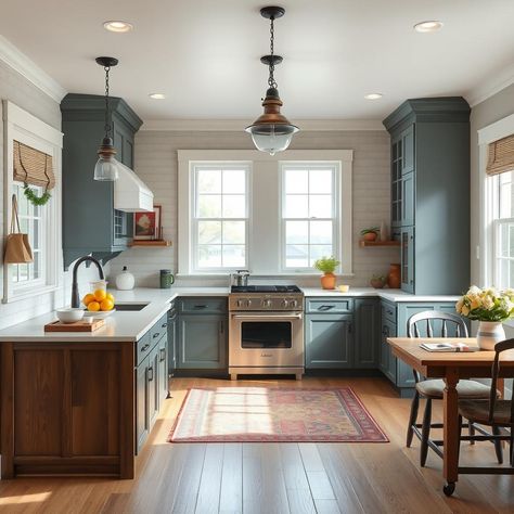 Create a breezy coastal New England kitchen with light blue glass-front cabinets and nautical-inspired crown molding. #CoastalNewEngland #SeaSideCharm 🌊 Classic New England Kitchen, New England Kitchen Ideas, Cape Cod Kitchen Ideas, New England Kitchen Design, Cape Cod Kitchen, England Kitchen, New England Kitchen, Coastal New England, Lake House Kitchen