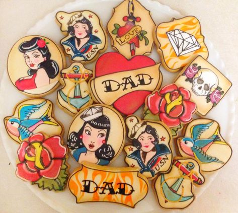 Vintage Tattoo Flash Art Father's Day Cookies | Cookie Connection Tattoo Cookies Decorated, Tattoo Cookies, Feather Cookies, Vintage Tattoo Flash, Tattoo Cake, Art Cookies, Pill Capsule, How To Impress, Cookie Connection