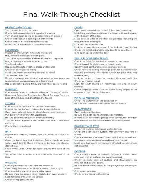 House Plan Checklist, Rental Walk Through Checklist First Apartment, Apartment Walk Through Checklist, Renting A House Checklist, Rental Walk Through Checklist, Final Walk Through, New Home Purchase Checklist, House Flip Checklist, New Home Walk Through Checklist