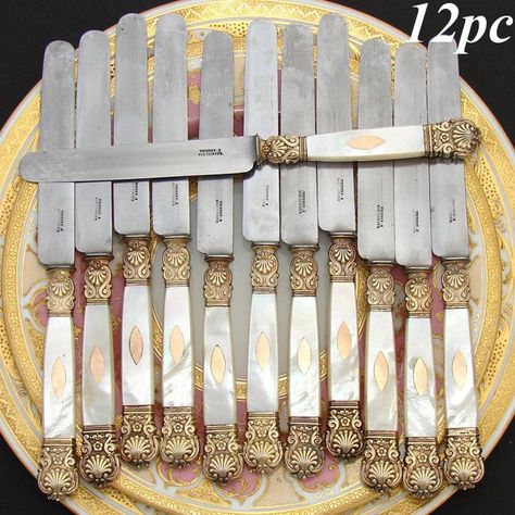 Antique French Vermeil, 18K Gold on Sterling Silver, & Mother of Pearl Handled Entremet or Dessert Knife Set, 12pc Silver Closet, Unique Knives, Georgian Jewelry, Beautiful China, Silver Flatware, Napoleon Iii, Stainless Steel Flatware, Knife Set, Knife Sets