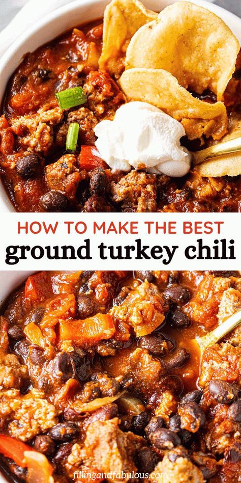 Learn how to make the best ground turkey chili with this delicious recipe! Packed with flavor, this healthy turkey chili is a satisfying option for any meal. Perfect for busy weeknights, this easy stovetop turkey chili will quickly become an easy family dinner favorite! Ground Turkey And Veggies, Homemade Turkey Chili, Ground Turkey Chili Recipe, Homemade Chili Seasoning Mix, Recipes Using Ground Turkey, Turkey Chili Recipe Easy, Healthy Turkey Chili, Healthy Chili Recipe Turkey, Homemade Chili Seasoning