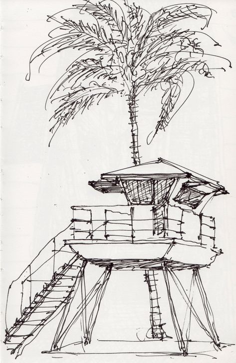 Lifeguard Tower in Hanalei, Hawaii Lifeguard House, Hanalei Hawaii, Scribble Drawings, Surf Drawing, Beach Sketches, Beach Drawing, Lifeguard Tower, Surf Art, Amazing Art Painting