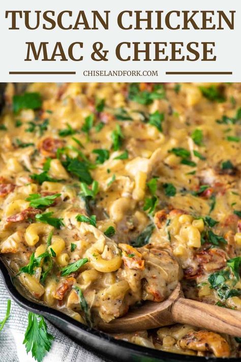 With pasta, chicken, sun-dried tomatoes, kale and cheese, this Tuscan chicken mac and cheese recipe is the definition of a comfort food one pot meal. #tuscanchickenmacandcheese #macandcheese #pasta | chiselandfork.com Sundried Tomato Mac And Cheese, Tuscan Mac And Cheese, Tuscan Chicken Mac And Cheese, Chicken Mac And Cheese Recipe, Football Foods, Chicken Mac And Cheese, Pasta Calories, Sundried Tomato Pasta, Pasta Chicken