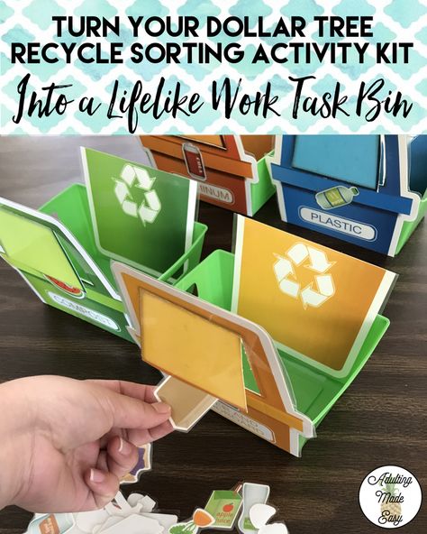 Recycle Sorting Activity, Dollar Tree Classroom, Task Bins, Recycling Lessons, Vocational Activities, Teacch Tasks, Vocational Tasks, Work Bins, Recycling Activities