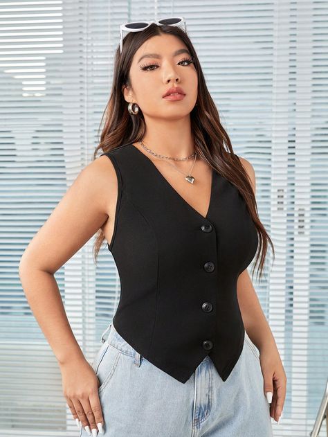 Black Casual Collar Sleeveless Knitted Fabric Plain vest Embellished Slight Stretch  Women Plus Clothing Black Womens Suit, Womens Suit Vest, Plus Size Blazers, Blazer Plus Size, Plain Vest, Plus Size Blazer, Gilet Costume, Plus Size Black, Suit Vest