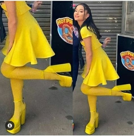 Platform Heels Outfit, Versace Pumps, Yellow Tights, Collins Key, Versace Heels, Pumps Outfit, Yellow Pumps, Girly Outfit, Western Wear Outfits