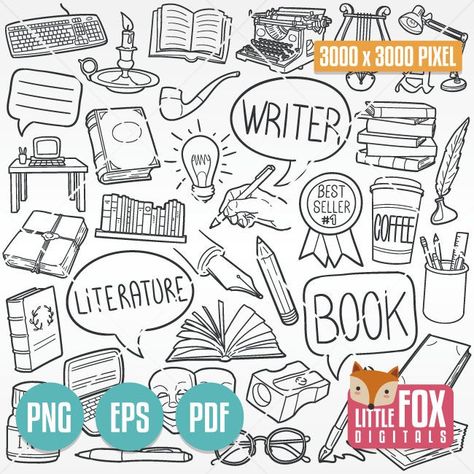 Writer Doodle, Books Doodle, Arts Doodle, Doodle Icons, Doodle Vector, Doodle Books, Draw Doodle, Doodle Design, Doodle Fonts