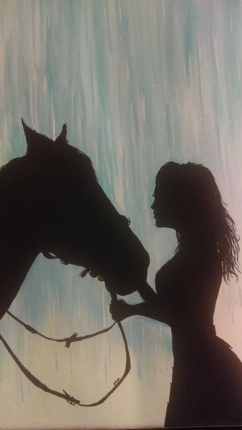 "A girl and her Horse" another silhouette painting Night Horse, Horse Canvas Painting, Colorful Canvas Art, Horse Paintings, Cowgirl And Horse, Silhouette Painting, Horse Silhouette, Girl Silhouette, Sunset Painting