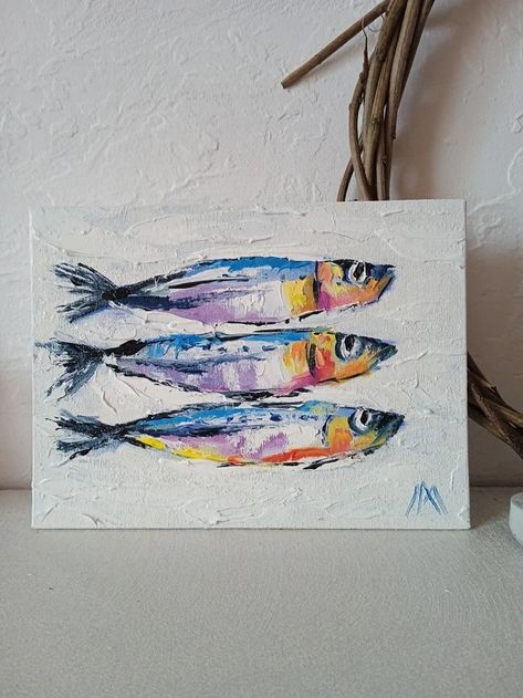 GMarinaArt - Etsy Fish Painting Acrylic Abstract, Cute Fish Painting, Sardine Artwork, Painting Ideas Fish, Sardines Painting, Acrylic Fish Painting, Fish Painting Abstract, Sardine Painting, Fish Canvas Painting