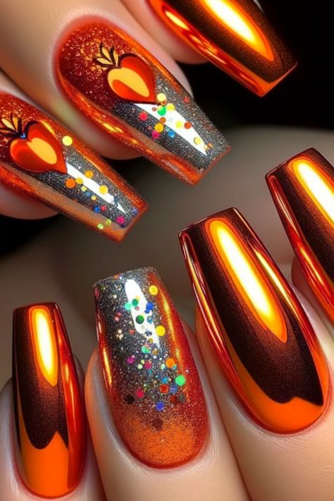 Orange Chrome, Orange Nail Designs, Chrome Nails Designs, Halloween Acrylic Nails, Fancy Nails Designs, Pretty Nail Art Designs, Nails Only, Metallic Nails, Glam Nails