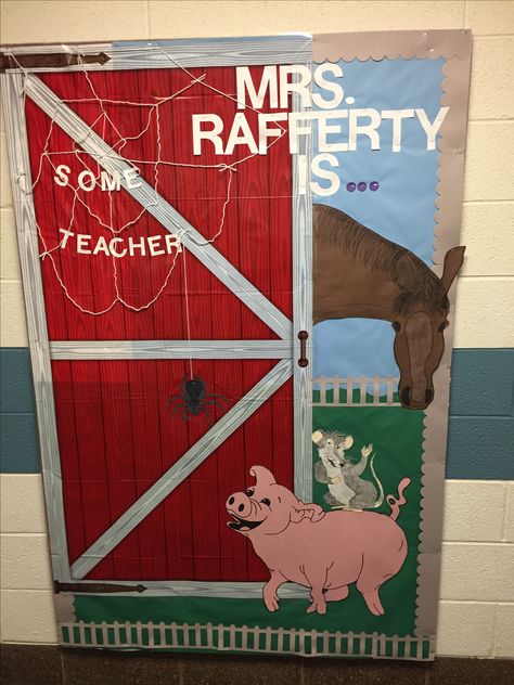 Charlottes Web Door Decor, Charlotte’s Web Trunk Or Treat Ideas, Charlottes Web Display, Charlottes Web Bulletin Board Ideas, Charlottes Web Classroom Transformation, Charlotte's Web Bulletin Board Ideas, Charlottes Web Classroom, Templeton Charlottes Web, Charlottes Web Activities