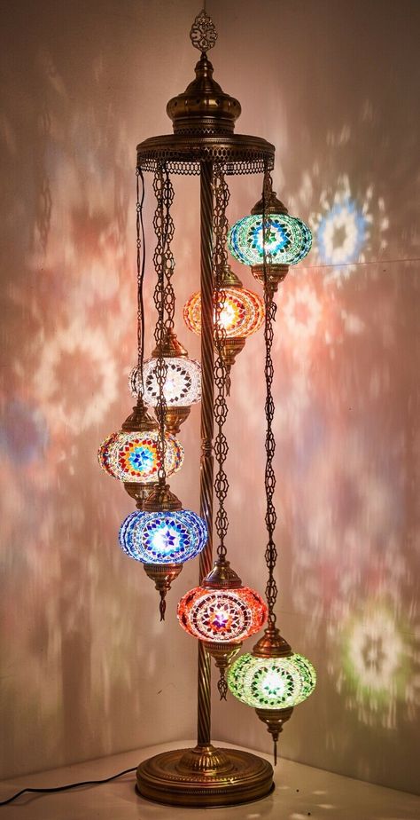 Turkish Moroccan Floor Lamp with 7 Big Size Globes. 100% Handmade in Turkey. US PLUG. E12 US SOCKET. On/Off Switch. HEIGHT:70" Globe Diameter: 6.5" 5feet Antique Brass Color Body. A Unique Gift, A Conversation Piece That Will Change the Atmosphere of Your Place & Mesmerize Your Guests. "Demmex Turkish Lamps" Best Selling Floor, Table & Hanging Ligths. Needs North American Type Small Candelebra LED Bulbs. (E12, C7 etc. - Bulbs NOT Included) WORLDWIDE USE : We send the lamp with US Plug for US, UK Moroccan Floor Lamp, Turkish Mosaic Lamp, Yoga Studio Design, Mosaic Floor Tile, Roman Mosaic, Moroccan Floor, Turkish Lamps, Mosaic Lamp, Moroccan Lamp