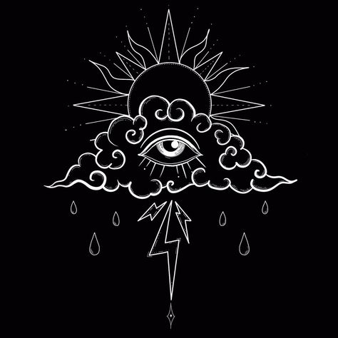 Rain Cloud Lightning Tattoo, Moon Rain Tattoo, Rain Sun Tattoo, Eye Cloud Lightning Tattoo, Sun Moon Rain Tattoo, Moon Lightning Tattoo, Rain And Sun Tattoo Ideas, Sun And Moon Witch Tattoo, Aztec Sun And Moon Tattoo