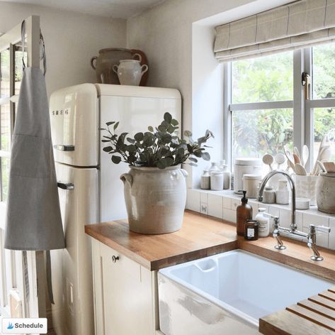 Farmhouse kitchen + cottages with minimal decor and white details. Sleek, modern, + European farmhouse inspo with Smeg fridge. Smeg Kitchen, Smeg Fridge, Cottage Kitchens, Spring Projects, Cute Kitchen, Bright Spring, Tiny Kitchen, Cottage Kitchen, Great Ideas