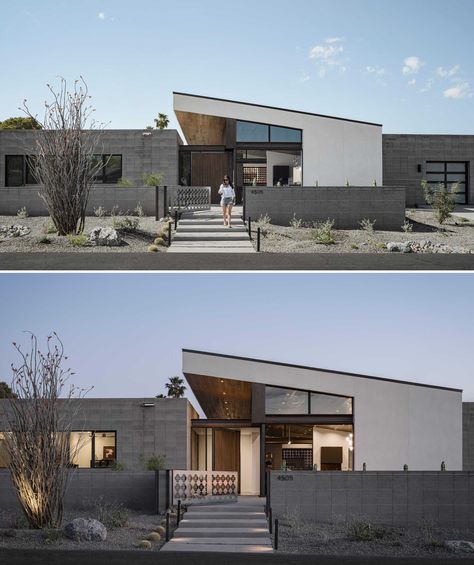 Concrete Blocks Were Used To Create A Modern Facade For This New Home In The Desert Concrete Block House Exterior, Concrete Exterior House, Concrete Block House, Low Fence, Design A House, Concrete Exterior, Modern Facade, Black Building, Concrete Block Walls